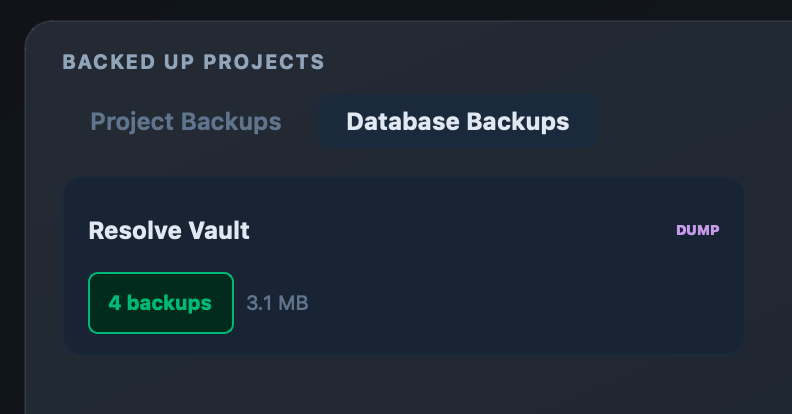 Backed Up Projects card for a database