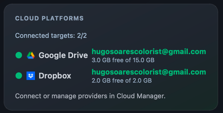 Cloud Platforms card with Google Drive and Dropbox connected