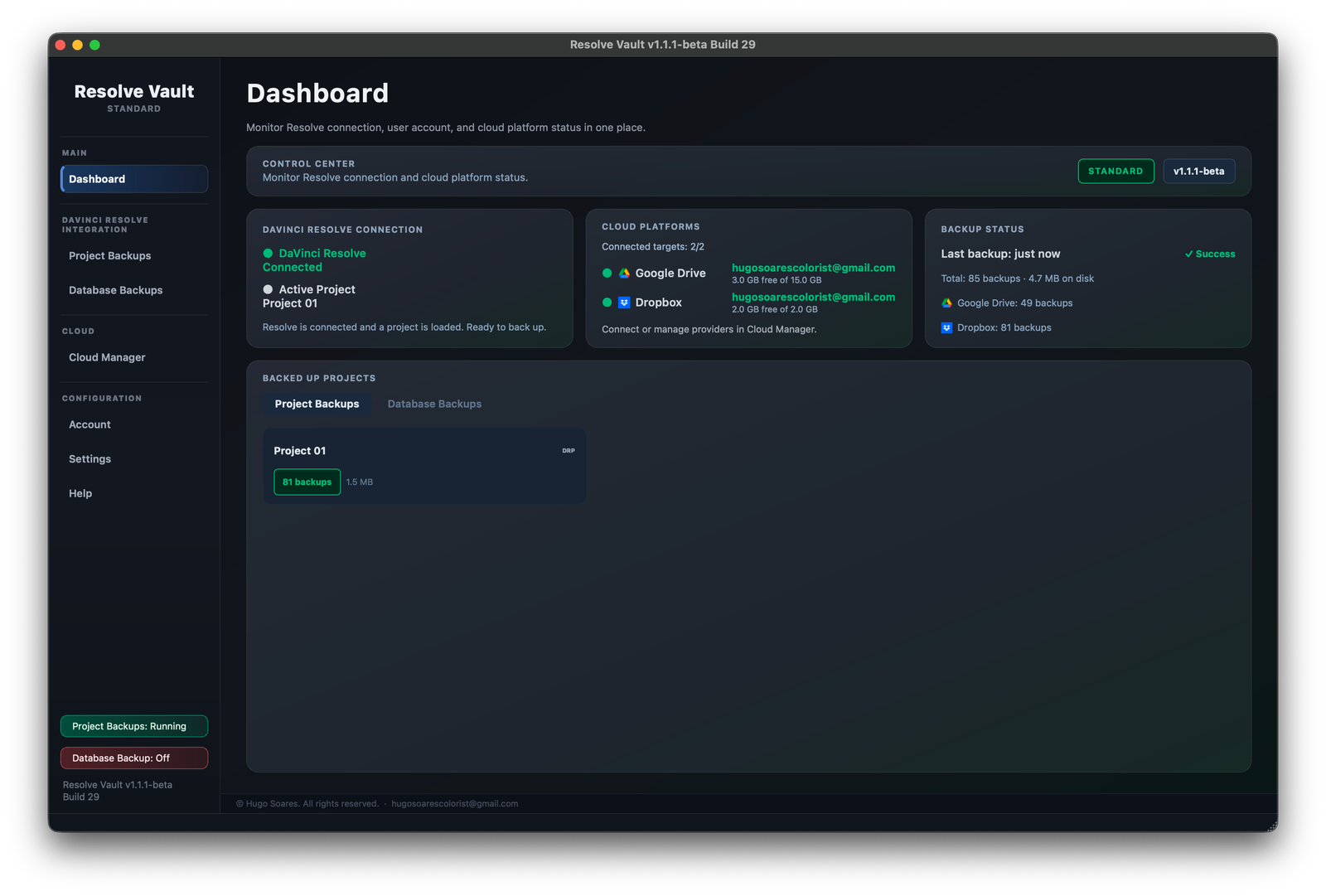 Resolve Vault Dashboard showing Resolve connection, cloud platforms and backup status