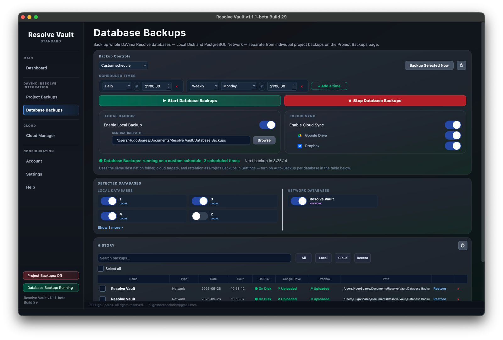 Database Backups page with schedule, detected Local and Network databases and history