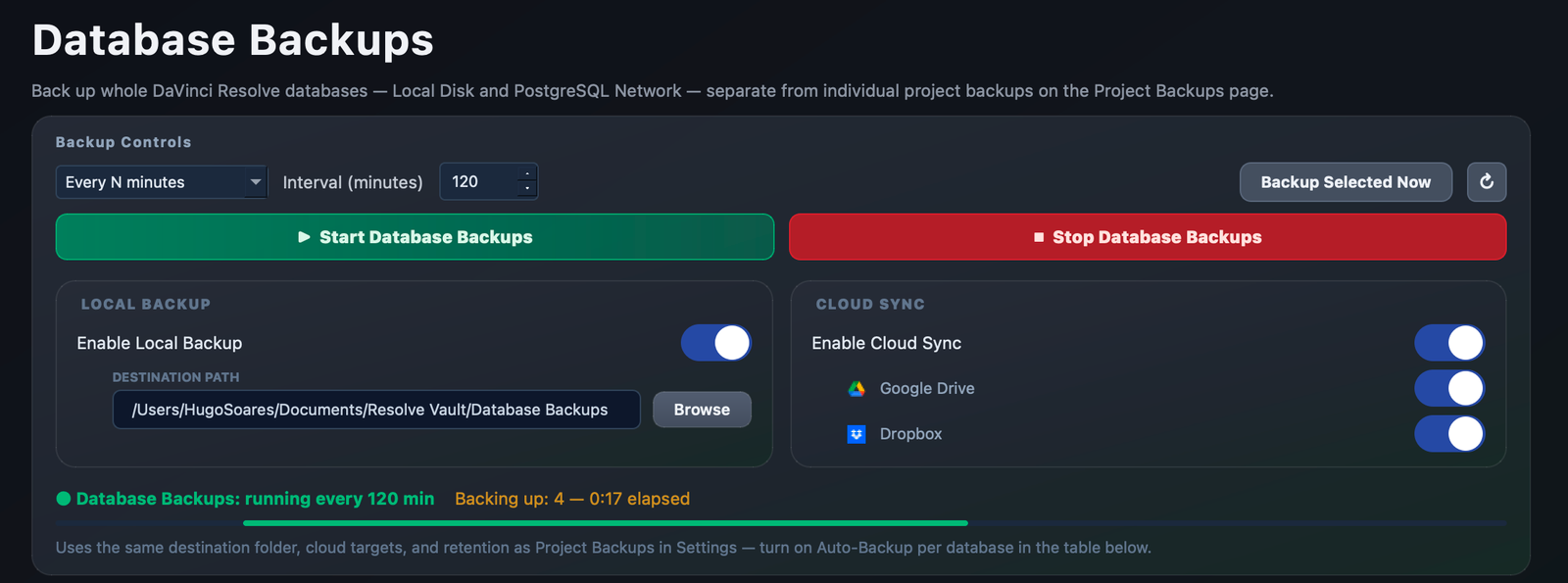 Database Backups running every 120 minutes, synced to Google Drive and Dropbox