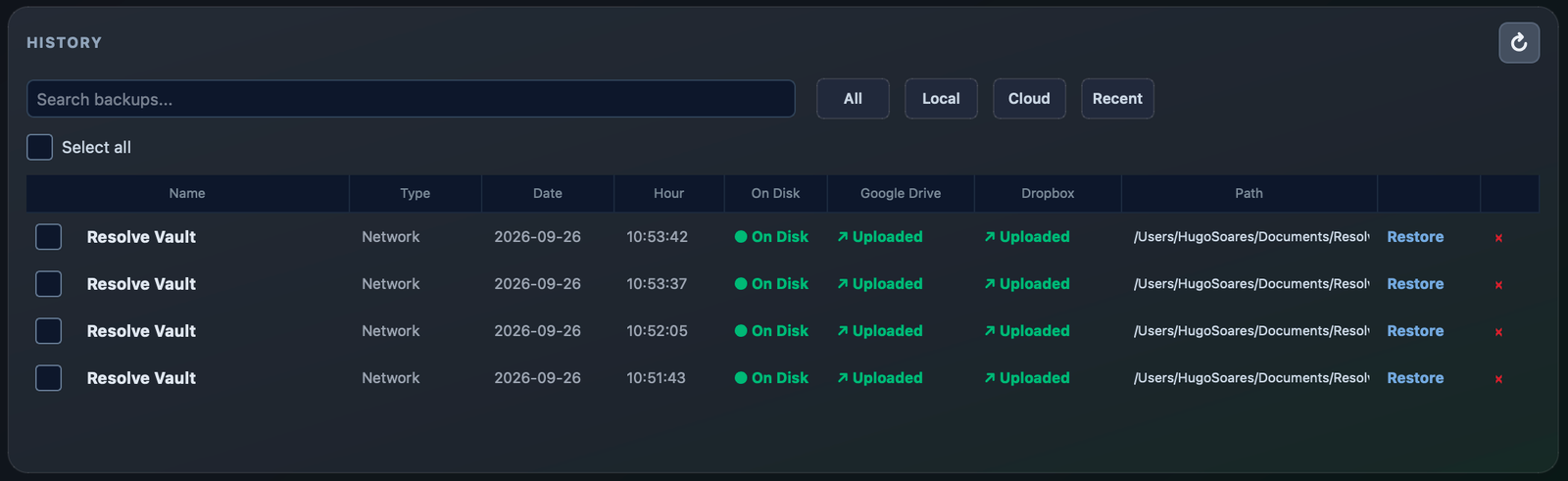 Database history showing Network backups on disk and uploaded to Google Drive and Dropbox