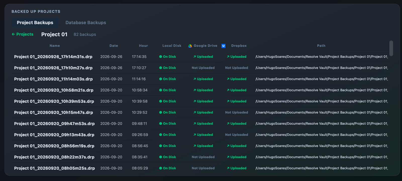 All backups of Project 01 with local and cloud status