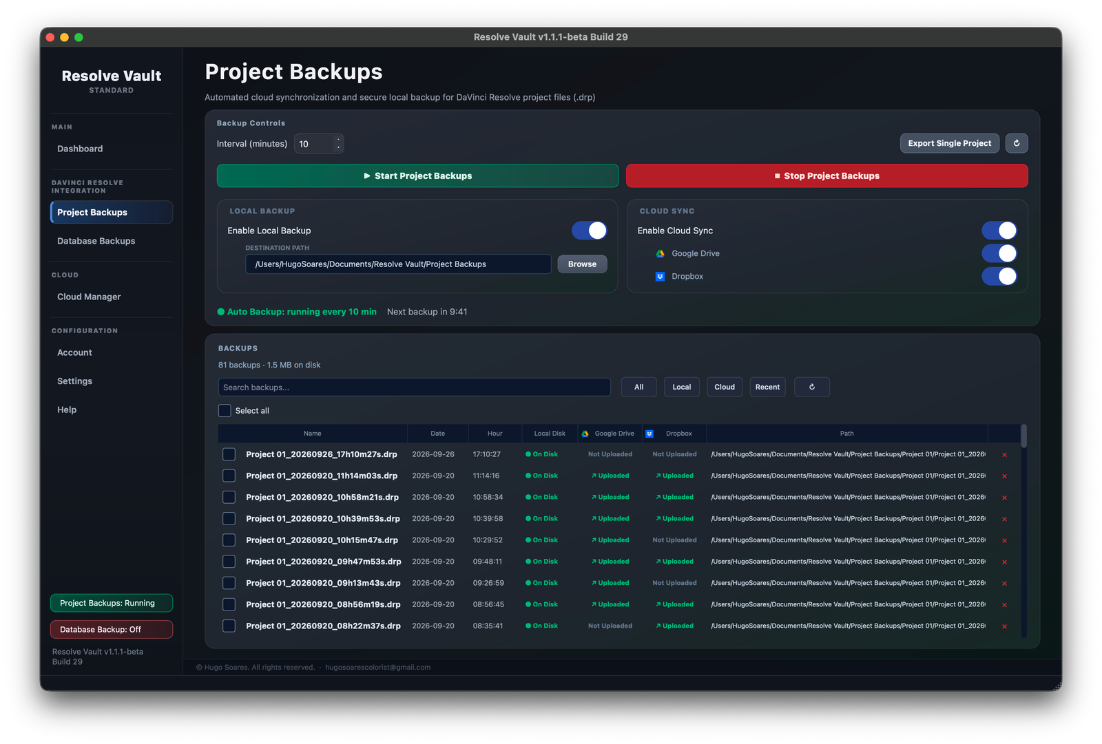 Project Backups page with interval, local destination, cloud toggles and backup list