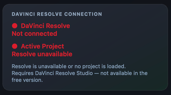 DaVinci Resolve Connection card showing Not connected