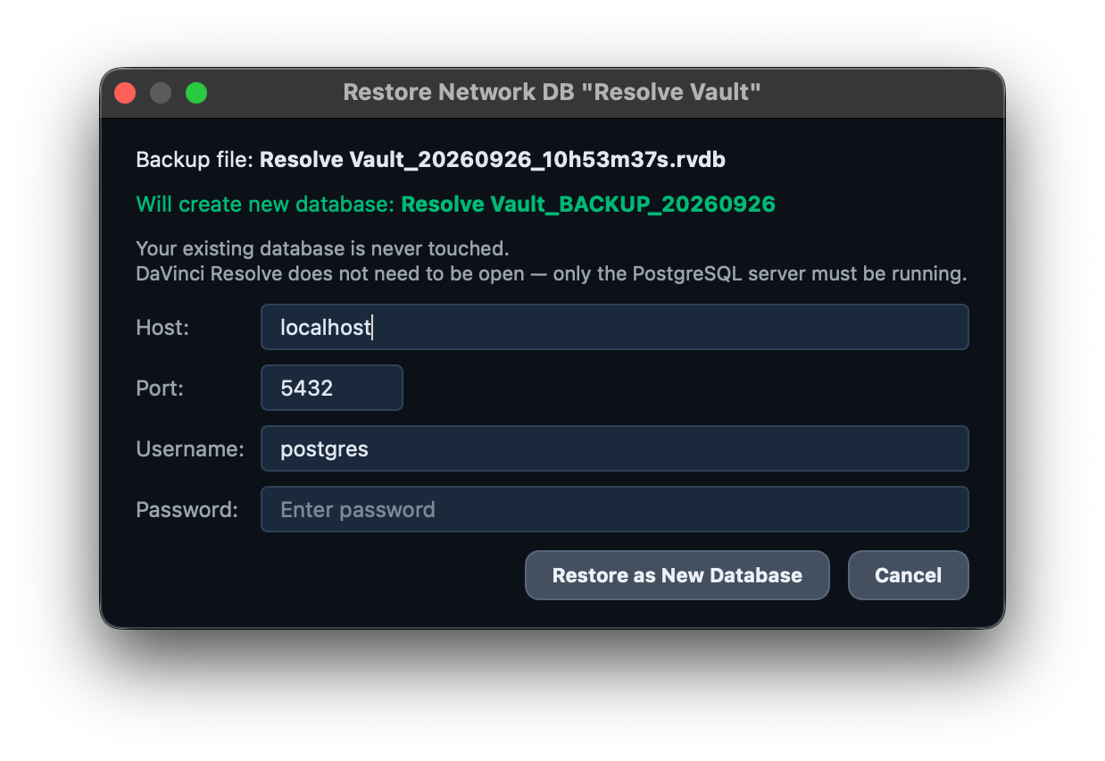 Restore Network DB dialog before restoring