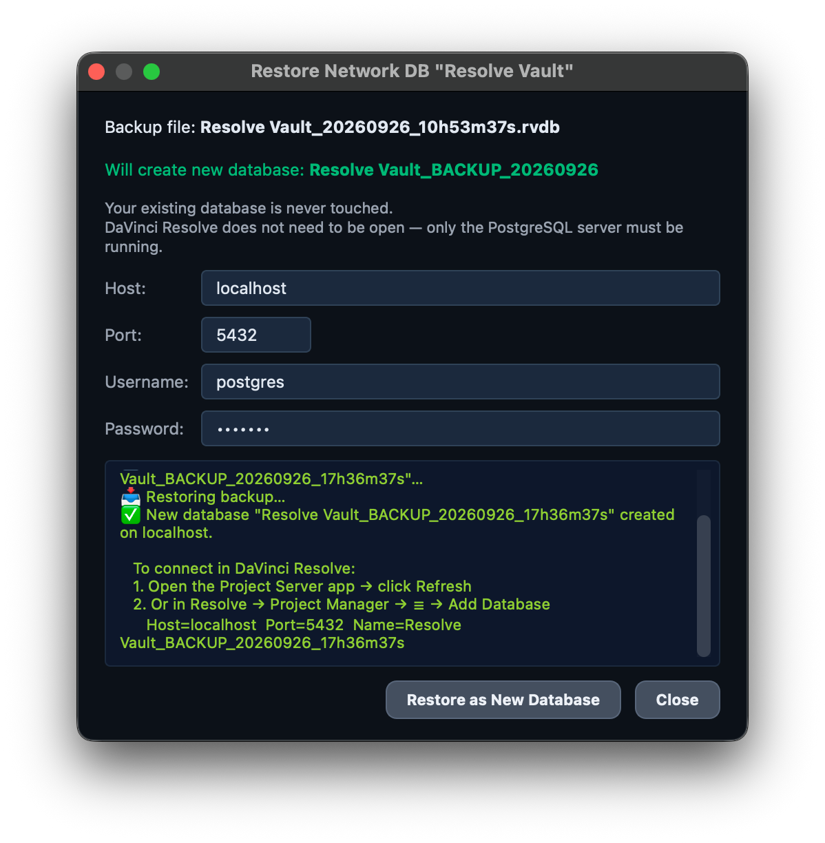 Restore Network DB dialog creating a new database from a backup